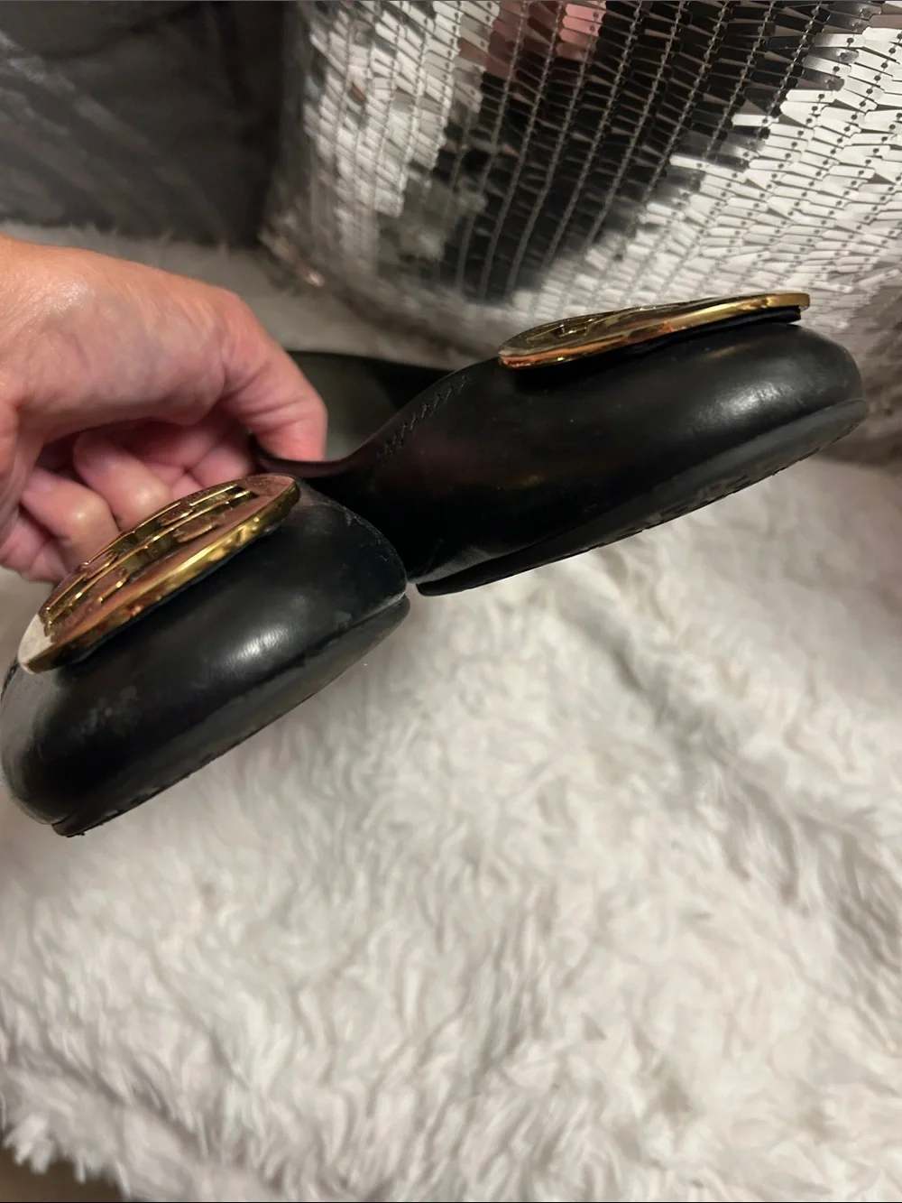 Tory Burch Black Leather Ballet Flats with Gold Logo Medallion
